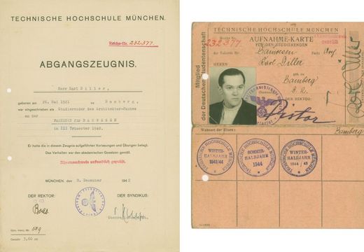 Links: Abgangszeugnis Dillers, Rechts: Aufnahmekarte Dillers mit Passfoto