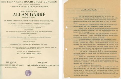 Links: Promotionsurkunde von Darré, Rechts: getippter Lebenslauf von Darré