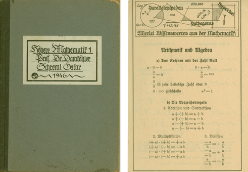 zwei Fotos; links: Einband Notizheft rechts: Ausschnitt einer Seite mit Formelsammlung 