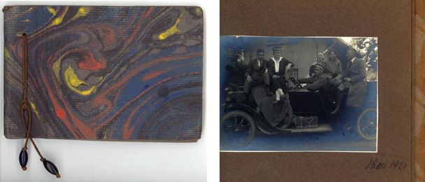Fotoalbum der Familie von Bonin, 1924. Links: Einband; Rechts: aufgeschlagene Seite mit Foto der Familie mit Auto
