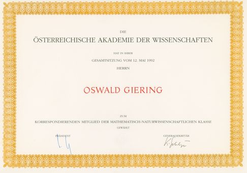 an Prof. Giering verliehene Urkunde zu seiner Wahl als korrespondierendes Mitglied der Mathematisch-Naturwissenschaftlichen Klasse der Österreichischen Akademie der Wissenschaften