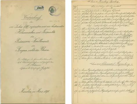 Zwei Bilder; links: Titelblatt: "Verzeichnis der im Jahr 1897 ergänzten und neu bestimmten Höhenmarken und Fixpunkte des Präcisions-Nivellements in Bayern rechts des Rheins"; Rechts: Verzeichnis von Nürnberg - Bamberg