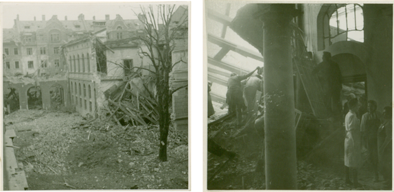 Two black-and-white photographs of the destroyed Technical University after World War II