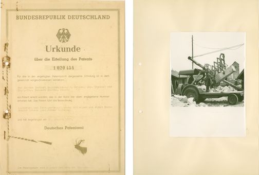 Links: Urkunde über die Erteilung des Patents zur Erfindung von Haböcks und Merckenschlagers "Lasthebe- und Transporteinrichtung mit einem von einer Nürnberger Schere gebildeten Ausleger"; Rechts: Foto der Lasthebe- und Transporteinrichtung