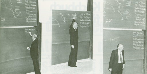 Three black and white photos of Maier-Leibnitz in front of the blackboard