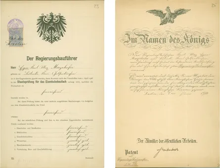 Links: Zeugnis Mayrhofers über die Ablegung der Staatsprüfung für das Eisenbahnbaufach, 1906; Rechts: königliche Urkunde bezüglich der Ernennung Mayrhofers zum Regierungsbauminister