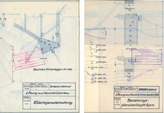 Bauzeichnungen Grebers im Rahmen einer Übung zum Massivbrückenbau (Ausschnitt)