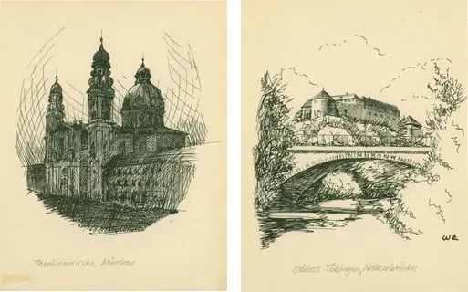 Links: Skizzenhafte Zeichnung der Theatinerkirche in München Rechts: Skizzenhafte Zeichnung des Schlosses und der Neckarbrücke Tübingens