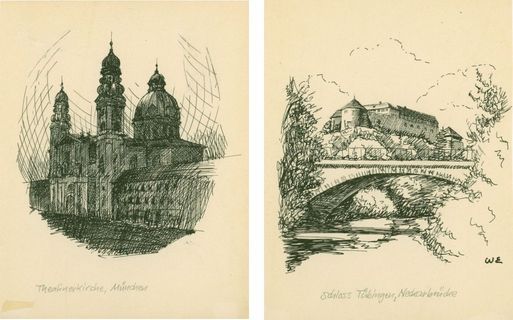 Links: Skizzenhafte Zeichnung der Theatinerkirche in München Rechts: Skizzenhafte Zeichnung des Schlosses und der Neckarbrücke Tübingens