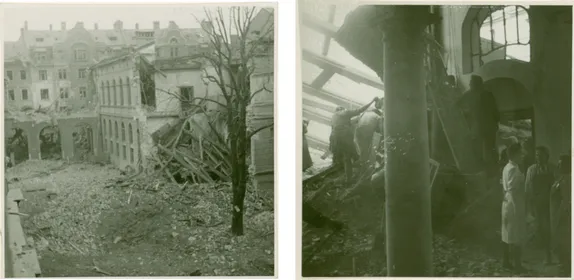 Two black-and-white photographs of the destroyed Technical University after World War II