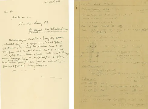 Left: Draft of a letter to the management of Daimler-Benz AG regarding an internship, 1934. Right: Handwritten notes made by Engerth during the internship