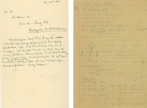  Left: Draft of a letter to the management of Daimler-Benz AG regarding an internship, 1934. Right: Handwritten notes made by Engerth during the internship