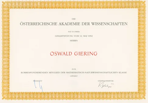 an Prof. Giering verliehene Urkunde zu seiner Wahl als korrespondierendes Mitglied der Mathematisch-Naturwissenschaftlichen Klasse der Österreichischen Akademie der Wissenschaften