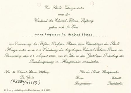 Einladung der Eduard-Rhein-Stiftung an Professor Börner für die Verleihung des Eduard-Rhein-Preises