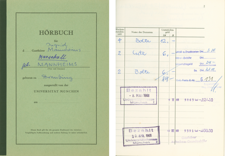  Left: Green cover page of the record of attended lectures; Right: Open page listing the attended events and the associated costs