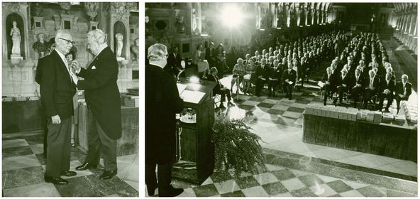 Black and white photo of the awarding of the Bavarian Order of Merit to Professor Hupfauer by Minister President Dr. Alfons Goppel