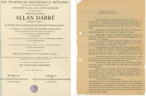 Left: Doctoral certificate of Darré, Right: Typed resumé of Darré