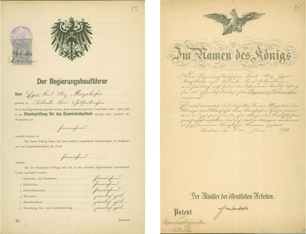 Left: Mayrhofer's certificate of passing the state examination for railway construction, 1906; Right: Royal decree appointing Mayrhofer as government construction minister