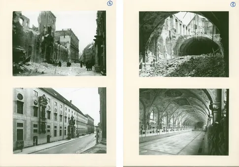 Vor- und Nachher Fotografien der vom Krieg zerstörten Münchner Residenz nach dem Wiederaufbau unter der Leitung von Prof. Meitinger; Links: Ansicht Residenzstraße, Hauptfassade der Münchner Residenz; Rechts: Ansicht Antiquarium