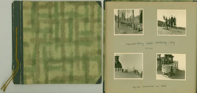 Links: persönliches Fotoalbum Höchtlens. Rechts: aufgeschlagene Seite des Fotoalbums mit s/w Fotografien aus Höchtlens Wehrdienst