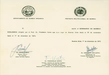 Certificate of Attendance for Prof. Korte from the Seminar on Ecological Chemistry in Buenos Aires