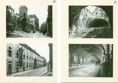 Before and after photographs of the Munich Residenz, destroyed during the war and reconstructed under the leadership of Prof. Meitinger; Left: View of Residenzstraße, main facade of the Munich Residenz; Right: View of the Antiquarium