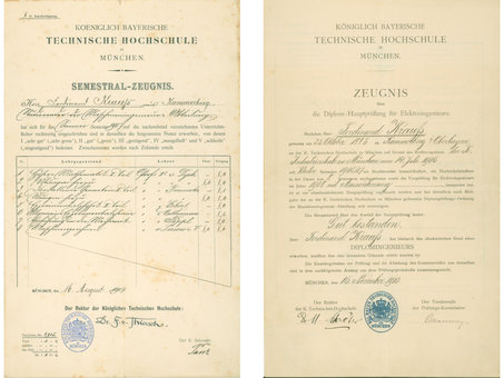 Links: Semestralzeugnis von Krauß aus dem Sommersemester 1907; Rechts: Zeugnis über die Diplom-Hauptprüfung