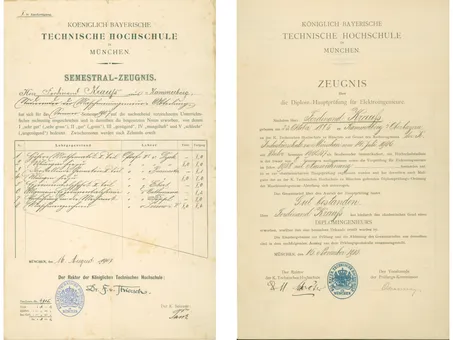 Left: Semester transcript of Krauß from the summer semester of 1907; Right: Diploma certificate from the main examination