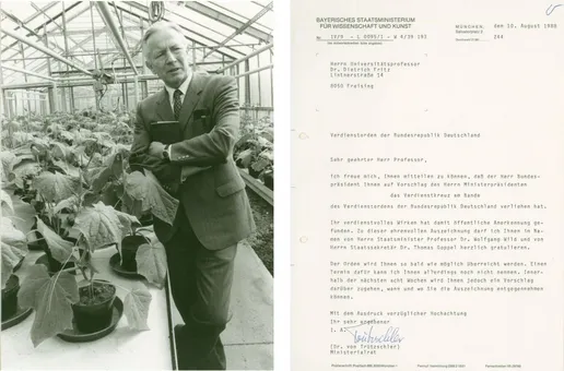 Links: Porträtaufnahme von Dietrich Fritz; Rechts: Schreiben an Dietrich Fritz über die Verleihung des Verdienstkreuzes am Bande des Verdienstordens der Bundesrepublik Deutschland