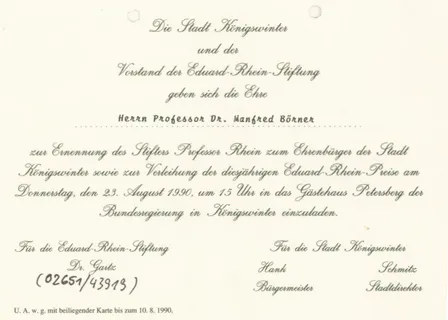 Einladung der Eduard-Rhein-Stiftung an Professor Börner für die Verleihung des Eduard-Rhein-Preises