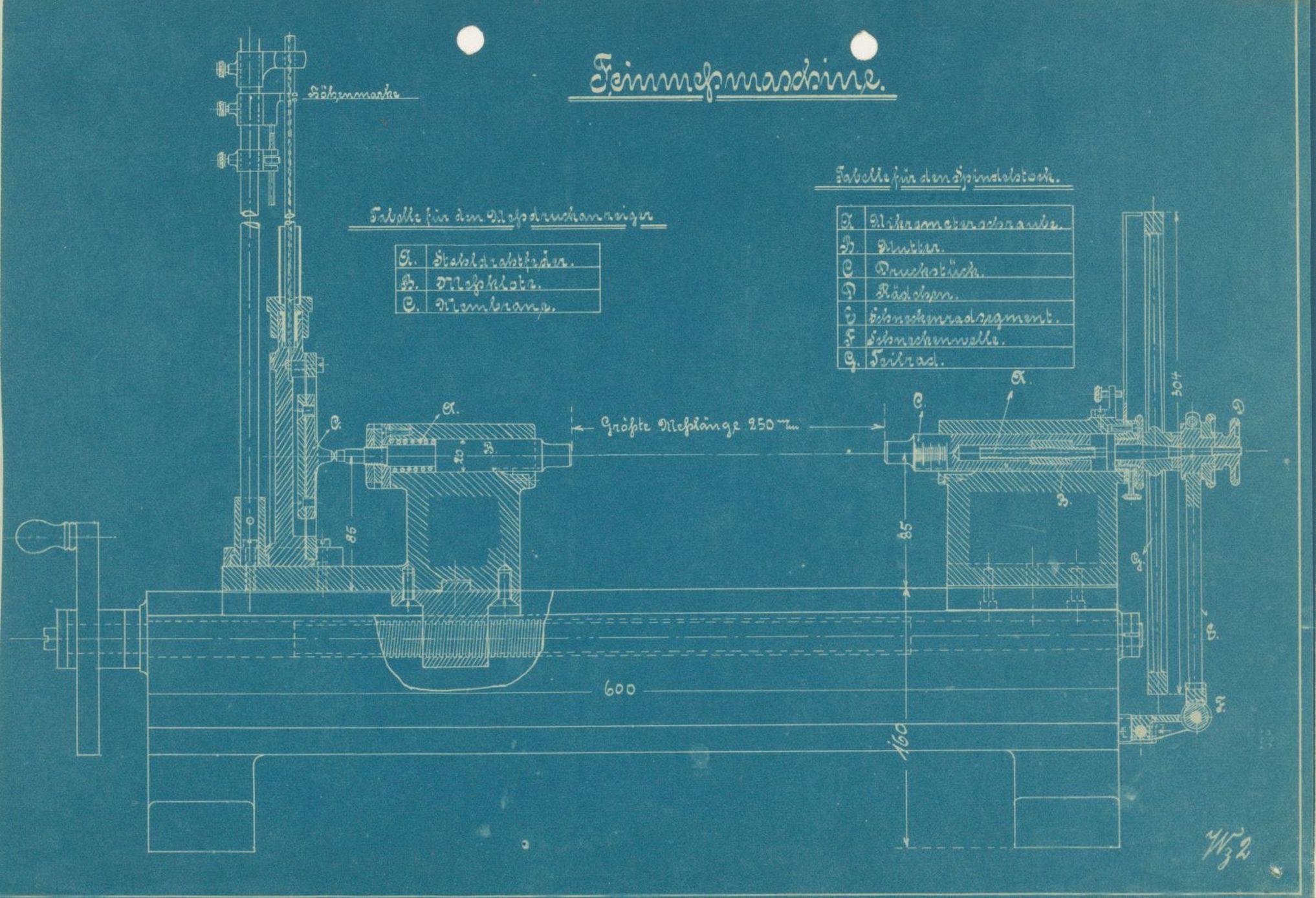 Blueprint with a construction drawing of a precision measuring machine