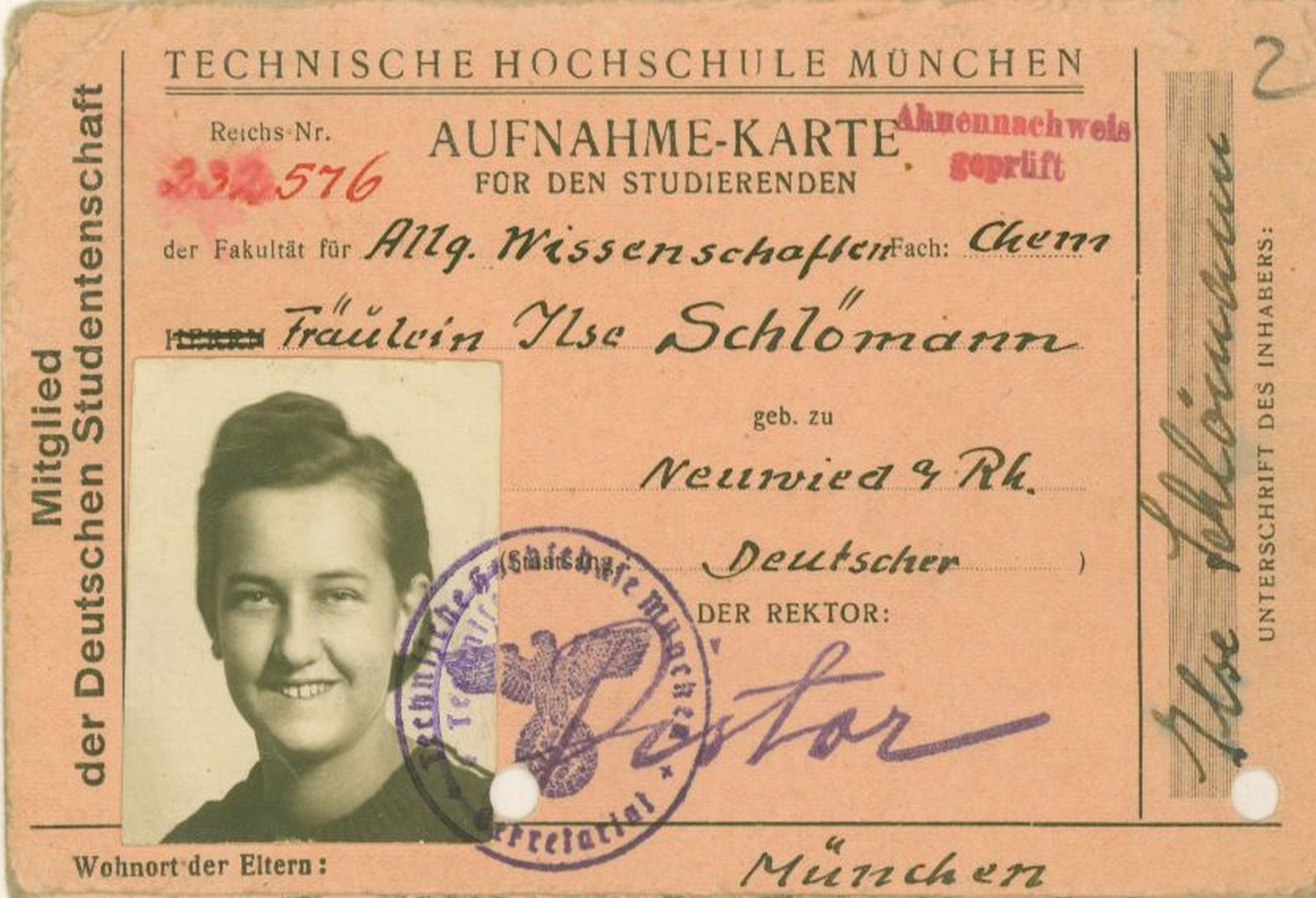 Ilse Schlömann's admission card for chemistry at the Technical University of Munich
