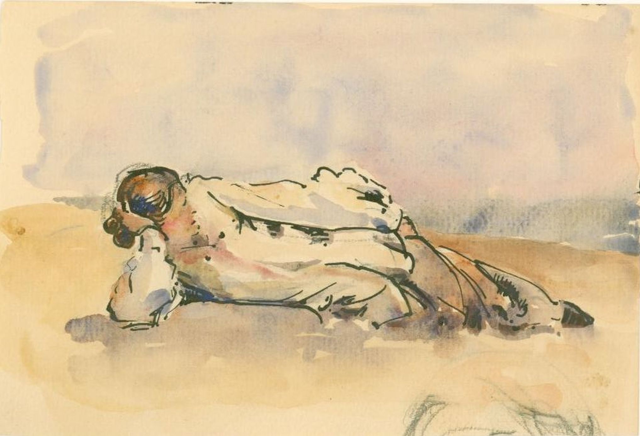 Watercolour drawing showing a woman lying in the sand